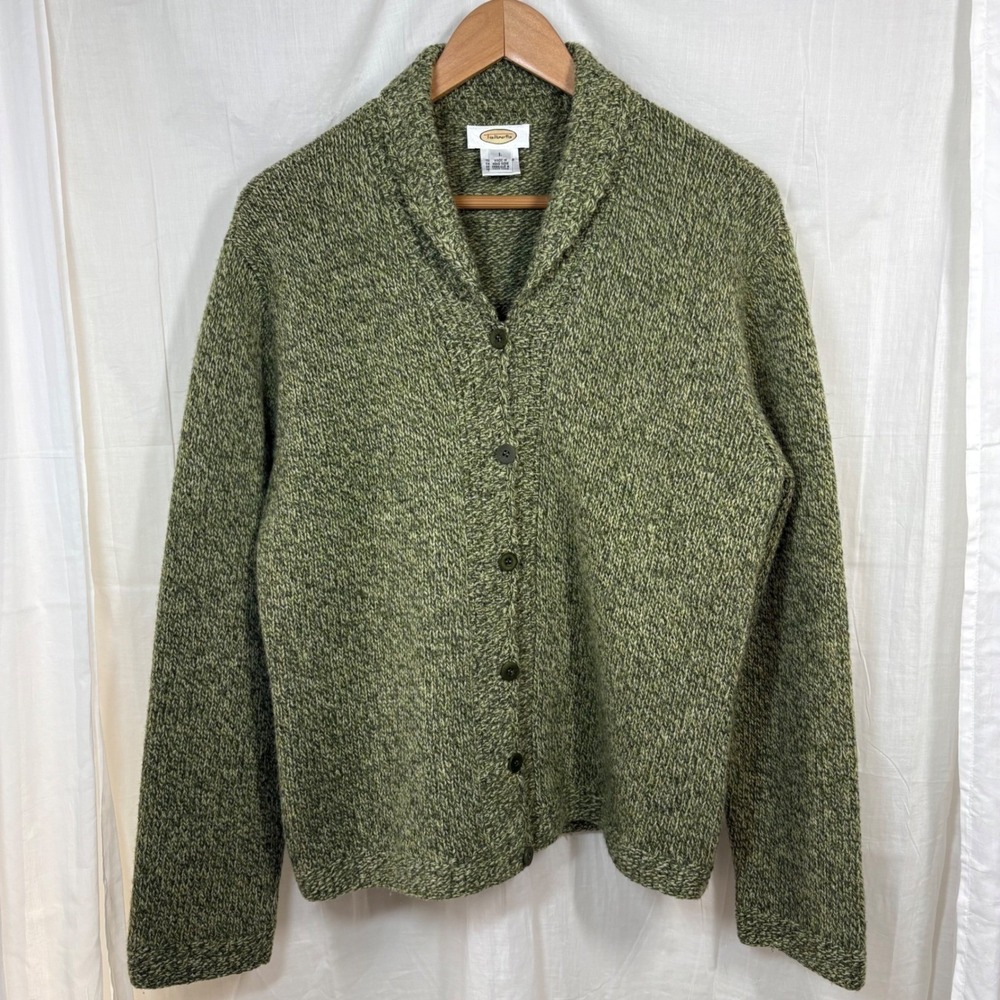 Talbots 100% Wool Front Collared Cardigan Green Ragg Wool Size L